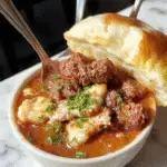 Un tazón grande de sopa de Philly Cheesesteak, con trozos de carne, cebolla, pimientos verdes y queso fundido en la superficie, acompañado de pan crujiente en el fondo, con un fondo difuso cálido y acogedor.