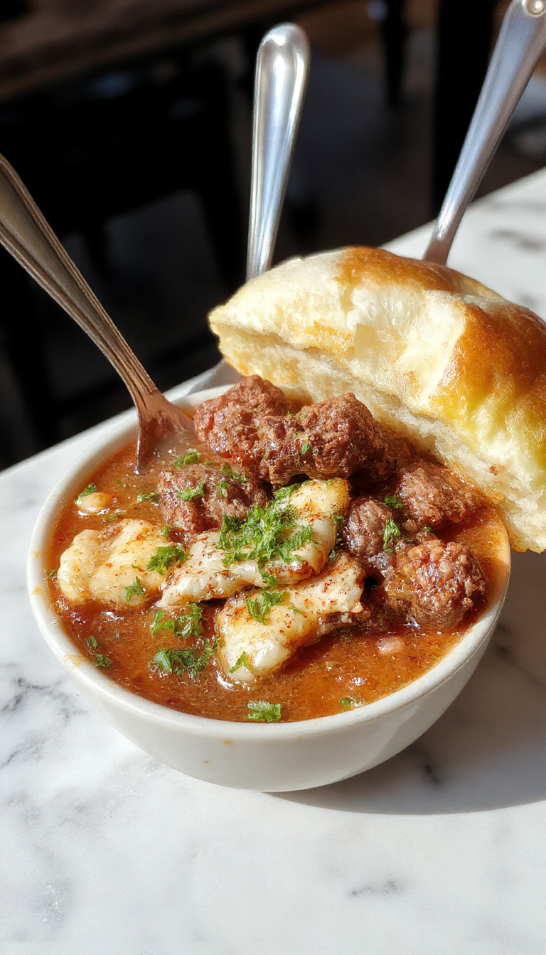 Un tazón grande de sopa de Philly Cheesesteak, con trozos de carne, cebolla, pimientos verdes y queso fundido en la superficie, acompañado de pan crujiente en el fondo, con un fondo difuso cálido y acogedor.