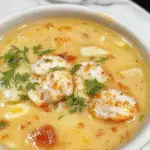 A steaming bowl of sopa de ñoquis garnished with fresh herbs, featuring golden, soft gnocchi submerged in a rich, creamy broth with chunks of tender chicken, served on a rustic wooden table with a warm, inviting ambiance.