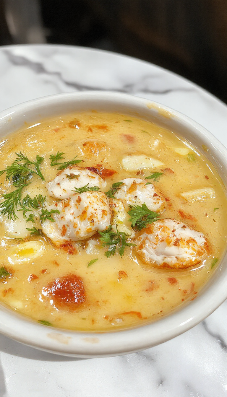 A steaming bowl of sopa de ñoquis garnished with fresh herbs, featuring golden, soft gnocchi submerged in a rich, creamy broth with chunks of tender chicken, served on a rustic wooden table with a warm, inviting ambiance.