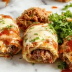 Golden-brown keto Philly Cheesesteak roll-ups displayed on a rustic wooden board. The rolls are sliced open to reveal melted provolone cheese, tender slices of beef, and caramelized onions inside. The exterior is crispy and flaky, with a slightly glossy finish, garnished with fresh herbs. In the background, a small bowl of dipping sauce adds visual appeal.