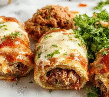 Golden-brown keto Philly Cheesesteak roll-ups displayed on a rustic wooden board. The rolls are sliced open to reveal melted provolone cheese, tender slices of beef, and caramelized onions inside. The exterior is crispy and flaky, with a slightly glossy finish, garnished with fresh herbs. In the background, a small bowl of dipping sauce adds visual appeal.