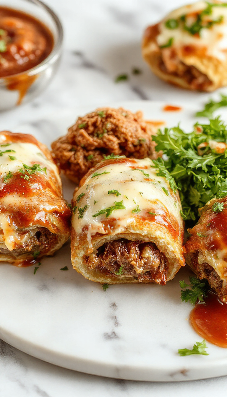 Golden-brown keto Philly Cheesesteak roll-ups displayed on a rustic wooden board. The rolls are sliced open to reveal melted provolone cheese, tender slices of beef, and caramelized onions inside. The exterior is crispy and flaky, with a slightly glossy finish, garnished with fresh herbs. In the background, a small bowl of dipping sauce adds visual appeal.