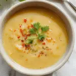 A rich, creamy vegetable soup served in a rustic white bowl. The soup is smooth with a vibrant orange color from carrots and hints of green from herbs or spinach garnish. The bowl rests on a wooden table with a sprig of fresh herbs on top, highlighting the comforting and hearty nature of the dish.
