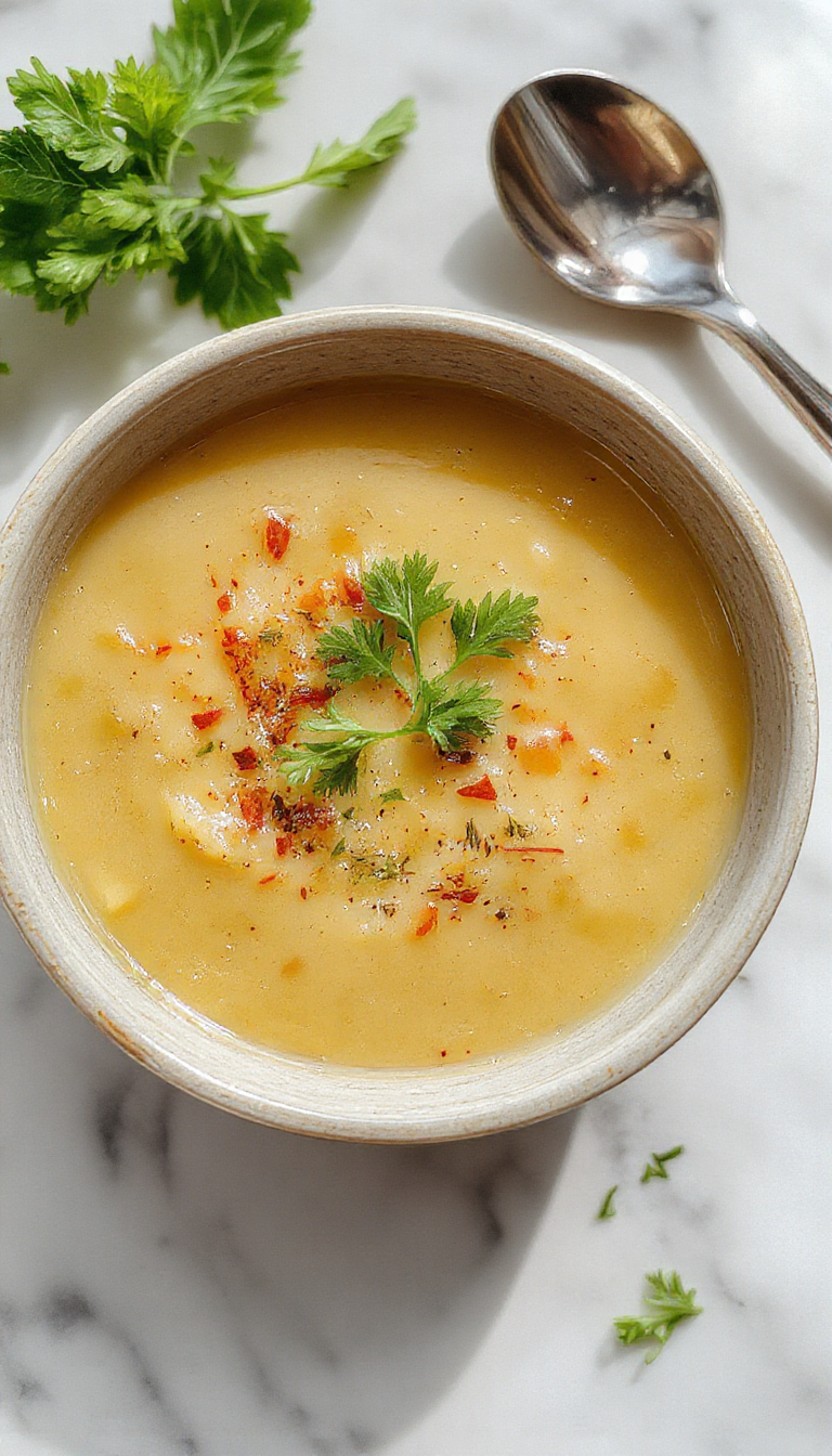 A rich, creamy vegetable soup served in a rustic white bowl. The soup is smooth with a vibrant orange color from carrots and hints of green from herbs or spinach garnish. The bowl rests on a wooden table with a sprig of fresh herbs on top, highlighting the comforting and hearty nature of the dish.