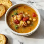 A hearty bowl of Toscana chickpea soup topped with fresh herbs, featuring tender chickpeas immersed in a rich, tomato-based broth with visible pieces of vegetables and herbs, garnished with a sprig of parsley.