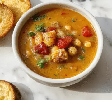 A hearty bowl of Toscana chickpea soup topped with fresh herbs, featuring tender chickpeas immersed in a rich, tomato-based broth with visible pieces of vegetables and herbs, garnished with a sprig of parsley.