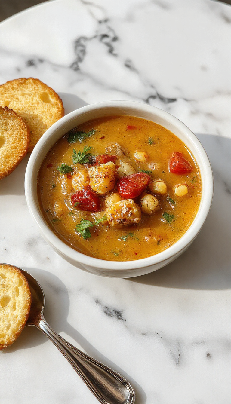 A hearty bowl of Toscana chickpea soup topped with fresh herbs, featuring tender chickpeas immersed in a rich, tomato-based broth with visible pieces of vegetables and herbs, garnished with a sprig of parsley.