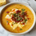 A creamy bowl of sopa de ñoquis topped with crispy bacon pieces and melted cheddar cheese, garnished with fresh herbs. The soup is served in a rustic white bowl on a wooden surface with a spoon resting nearby, highlighting its rich, velvety texture and inviting appearance.