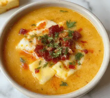 A creamy bowl of sopa de ñoquis topped with crispy bacon pieces and melted cheddar cheese, garnished with fresh herbs. The soup is served in a rustic white bowl on a wooden surface with a spoon resting nearby, highlighting its rich, velvety texture and inviting appearance.
