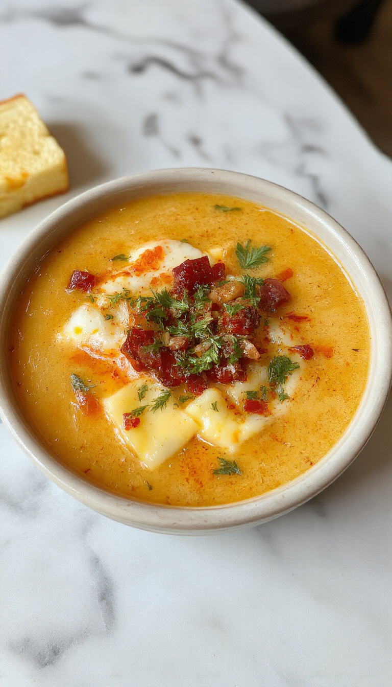 A creamy bowl of sopa de ñoquis topped with crispy bacon pieces and melted cheddar cheese, garnished with fresh herbs. The soup is served in a rustic white bowl on a wooden surface with a spoon resting nearby, highlighting its rich, velvety texture and inviting appearance.
