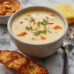 A steaming bowl of Italian Penicillin soup garnished with fresh herbs, topped with melted cheese and crispy croutons. The bowl sits on a rustic wooden table with a drizzle of olive oil on the surface, showcasing vibrant colors and textures of the creamy broth, tender vegetables, and hearty bread croutons.
