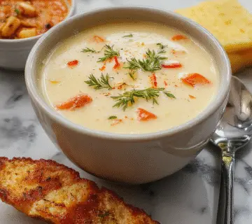 A steaming bowl of Italian Penicillin soup garnished with fresh herbs, topped with melted cheese and crispy croutons. The bowl sits on a rustic wooden table with a drizzle of olive oil on the surface, showcasing vibrant colors and textures of the creamy broth, tender vegetables, and hearty bread croutons.