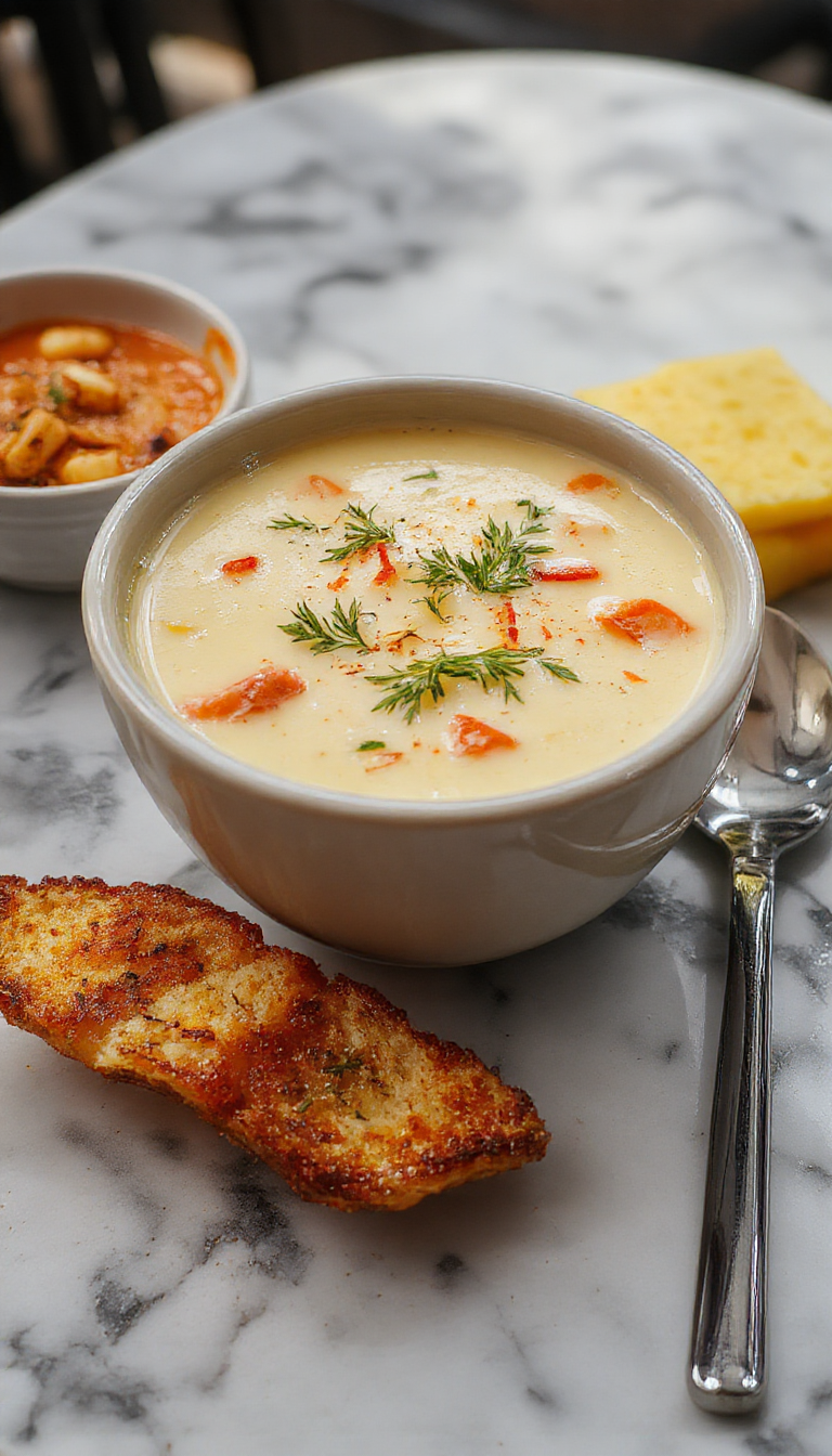 A steaming bowl of Italian Penicillin soup garnished with fresh herbs, topped with melted cheese and crispy croutons. The bowl sits on a rustic wooden table with a drizzle of olive oil on the surface, showcasing vibrant colors and textures of the creamy broth, tender vegetables, and hearty bread croutons.