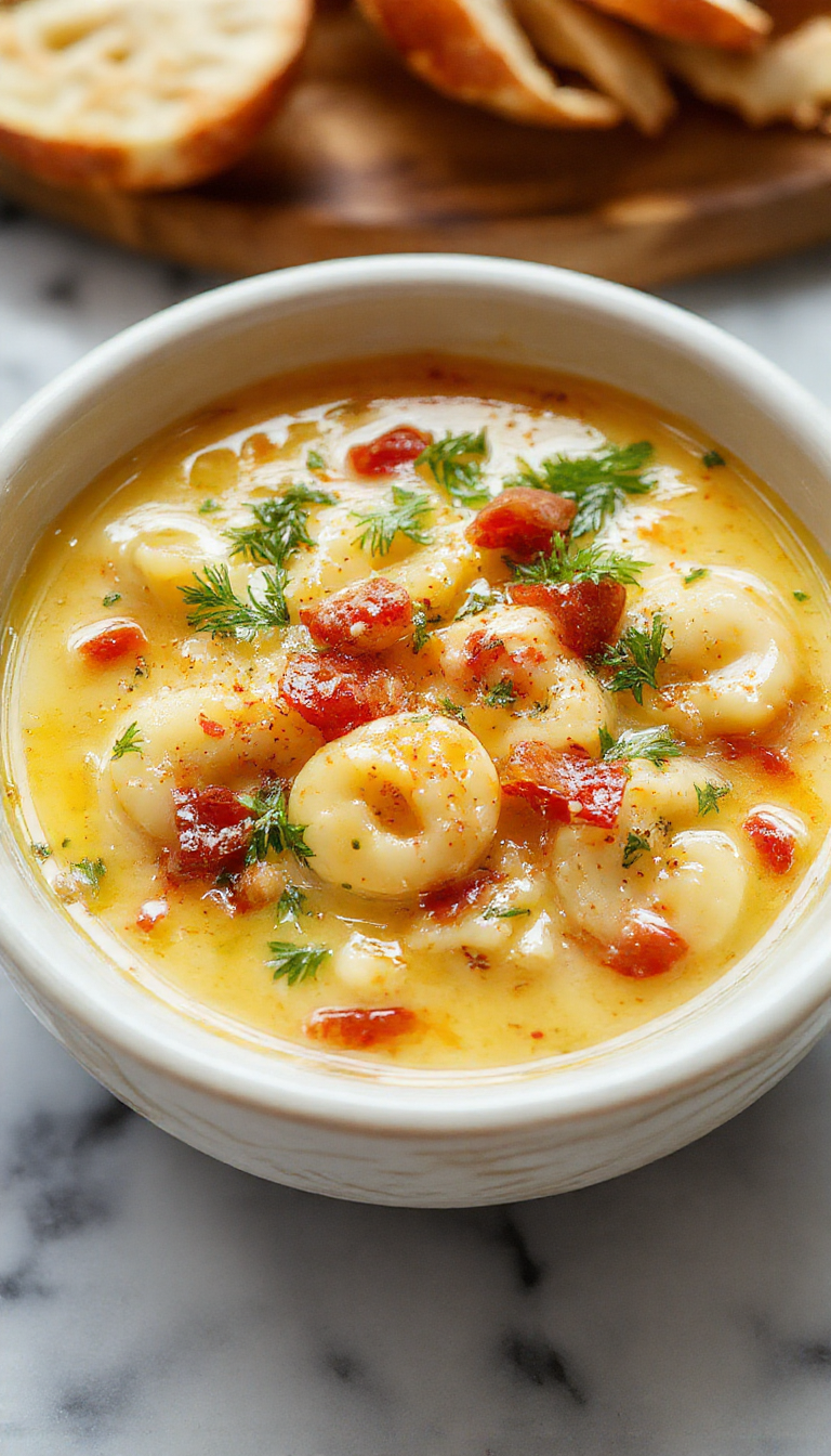Una taza honda de sopa caliente con tortellini relleno, salchichas en rodajas, hojas de espinaca fresca y un caldo cremoso, decorada con perejil picado y servida en un plato de cerámica rústico, con una cuchara de madera al lado y fondo de una mesa de madera.