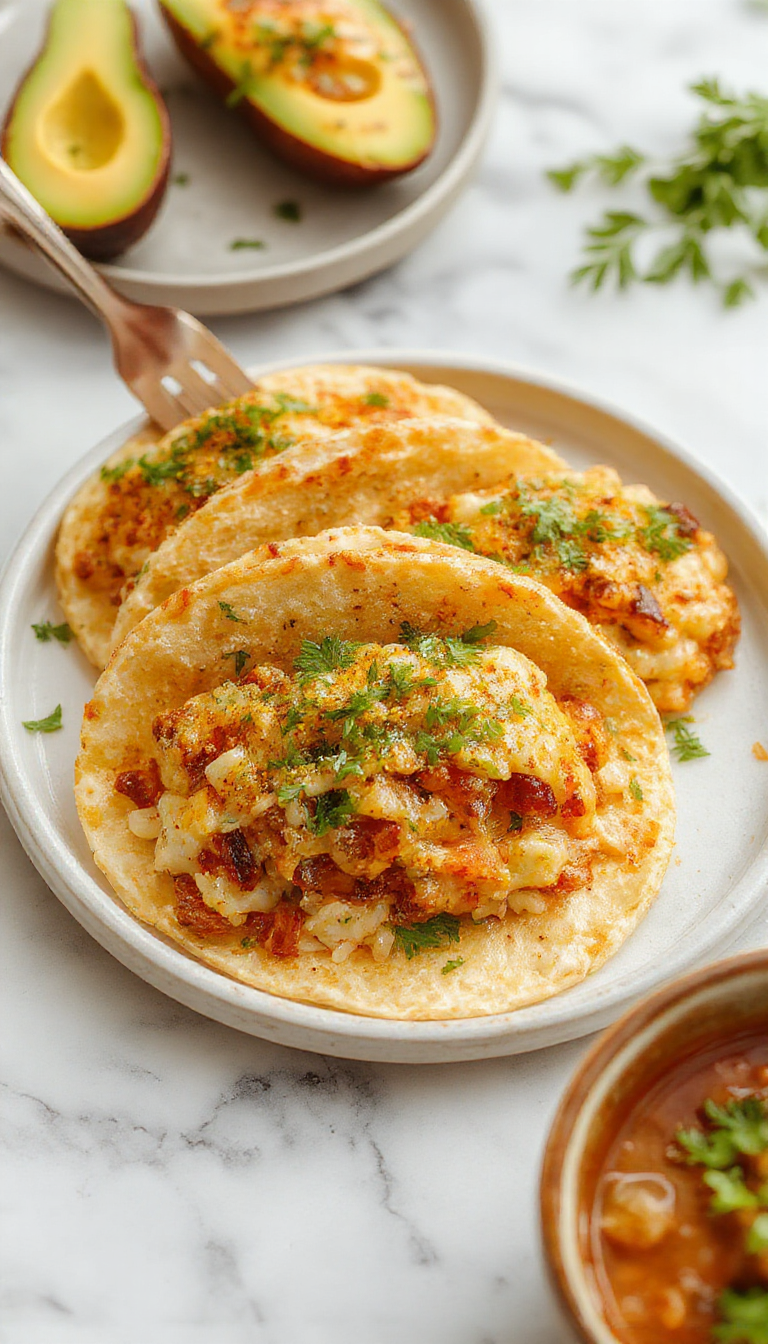 A vibrant bowl filled with fluffy white rice topped with colorful diced vegetables, crispy taco pieces, fresh cilantro, and a drizzle of sauce, arranged neatly in a rustic bowl on a wooden table.