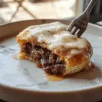 A rustic, golden-brown meat pie sliced open to reveal a juicy, savory filling with herbs and vegetables, served on a wooden platter with a flaky crust and garnished with fresh herbs.