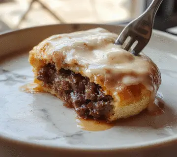 A rustic, golden-brown meat pie sliced open to reveal a juicy, savory filling with herbs and vegetables, served on a wooden platter with a flaky crust and garnished with fresh herbs.