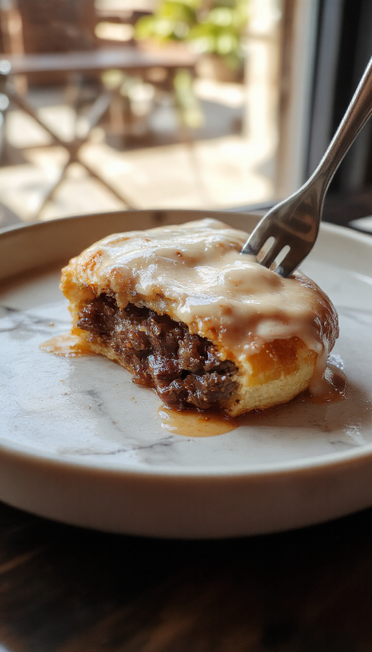 A rustic, golden-brown meat pie sliced open to reveal a juicy, savory filling with herbs and vegetables, served on a wooden platter with a flaky crust and garnished with fresh herbs.