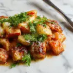 A golden-brown layered casserole featuring a crispy top crust, melted cheese bubbling along the edges, and slices revealing a hearty mixture of seasoned ground beef, cheese, and vegetables inside. The dish is presented on a rustic wooden table with a serving spatula nearby, capturing the warm, comforting appeal of this classic casserole.