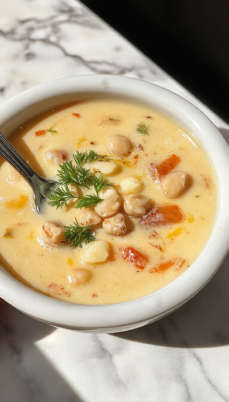 A steaming bowl of Sopa Toscana Vegana de Frijeles Blancos presenting a hearty, creamy texture with visible white beans, garnished with chopped herbs and a drizzle of olive oil. The soup is served in a rustic white ceramic bowl on a wooden table, with a baguette and fresh herbs in the background. The vibrant white beans contrast beautifully with the rich, herbal broth, and steam rises from the bowl, suggesting warmth and comfort.